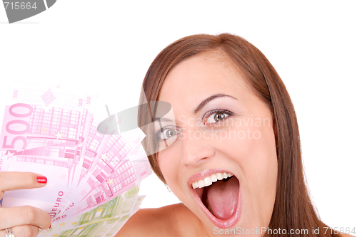 Image of Happy woman with group of euro bills Isolated.