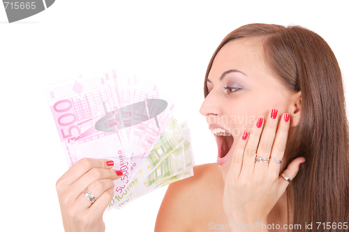 Image of Happy woman with group of euro bills Isolated.