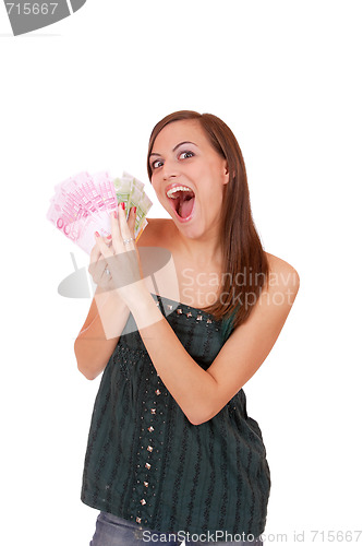 Image of Happy woman with group of euro bills Isolated.