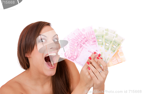 Image of Happy woman with group of euro bills Isolated.