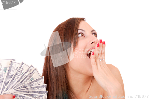 Image of Attractive woman takes lot of 100 dollar bills