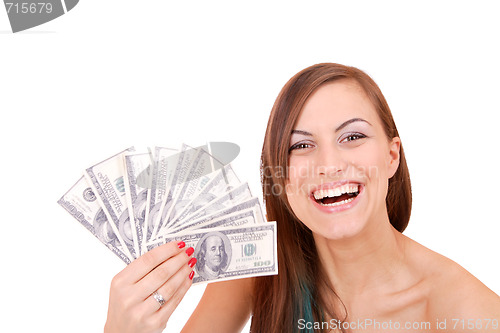 Image of Attractive woman takes lot of 100 dollar bills