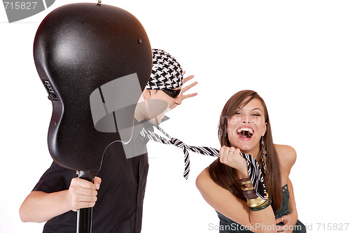 Image of Handsome young male and female musicians, performers with guitar