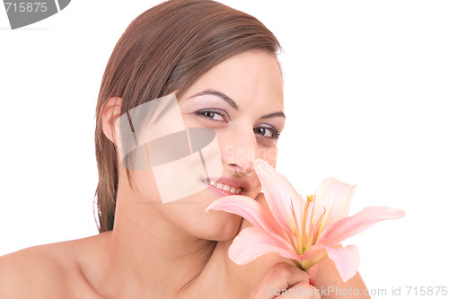 Image of Beautiful woman with flower isolated on white