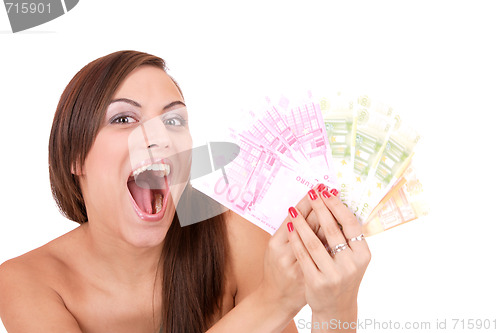 Image of Happy woman with group of euro bills Isolated.