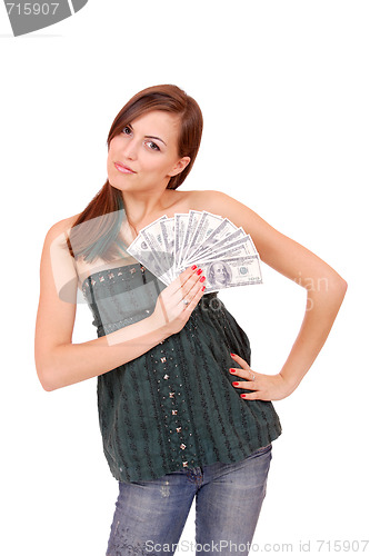 Image of Attractive woman takes lot of 100 dollar bills