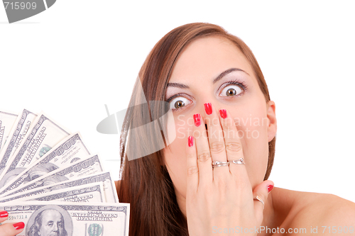 Image of Attractive woman takes lot of 100 dollar bills