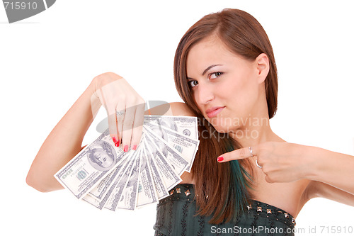 Image of Attractive woman takes lot of 100 dollar bills