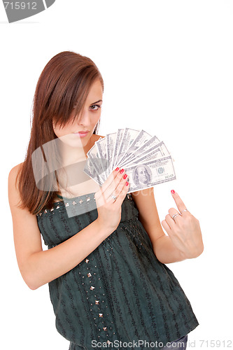 Image of Attractive woman takes lot of 100 dollar bills