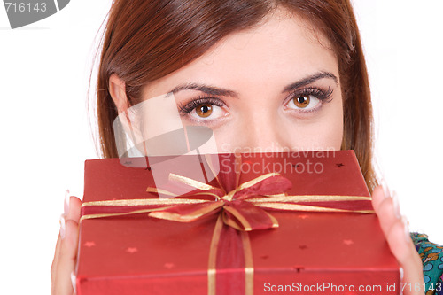 Image of winter portrait of a beautiful young smiling woman