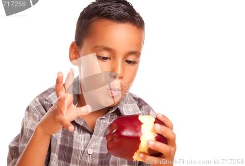 Image of Adorable Hispanic Boy Eating a Large Red Apple