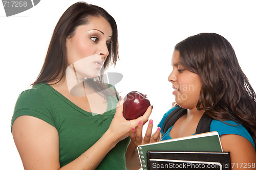 Image of Hispanic Mother and Daughter with Books and Apple Ready for Scho