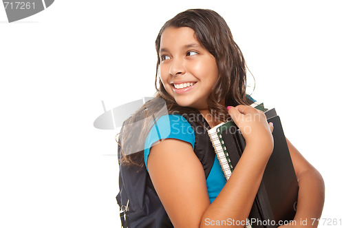 Image of Pretty Hispanic Girl with Books and Backpack