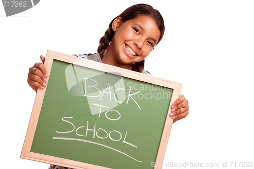 Image of Pretty Hispanic Girl Holding Chalkboard with Back To School