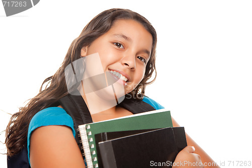 Image of Pretty Hispanic Girl with Books and Backpack