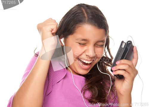 Image of Pretty Hispanic Girl Listening and Dancing to Music