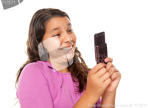 Image of Happy Pretty Hispanic Girl On Cell Phone 