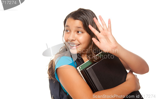 Image of Pretty Hispanic Girl Waving with Books and Backpack