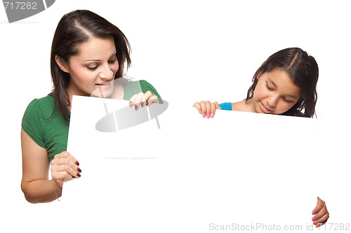 Image of Pretty Hispanic Girl and Mother Holding Blank Board