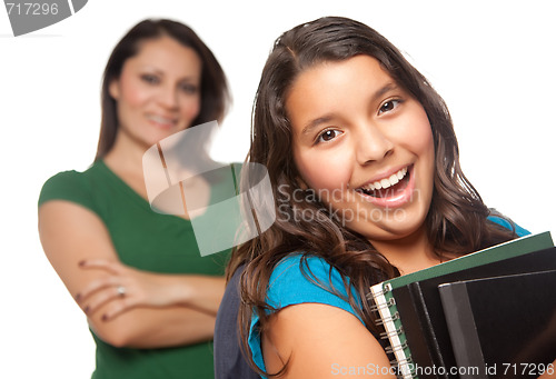 Image of Proud Hispanic Mother and Daughter Ready for School