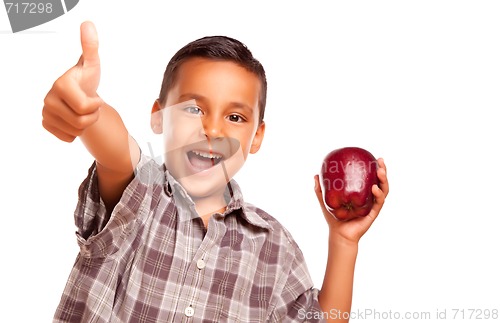 Image of Adorable Hispanic Boy with Apple and Thumbs Up Hand Sign