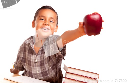 Image of Adorable Hispanic Boy with Books, Apple, Pencil and Paper