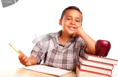 Image of Adorable Hispanic Boy with Books, Apple, Pencil and Paper