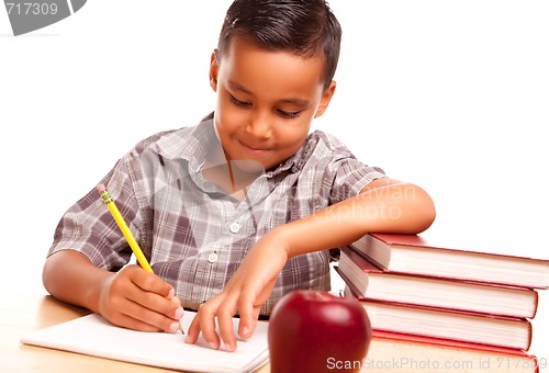 Image of Adorable Hispanic Boy with Books, Apple, Pencil and Paper