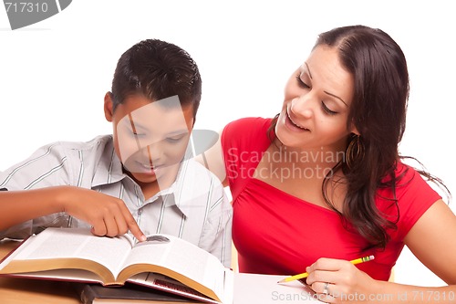 Image of Attractive Hispanic Mother and Son Studying