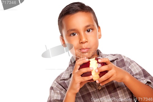 Image of Adorable Hispanic Boy Eating a Large Red Apple