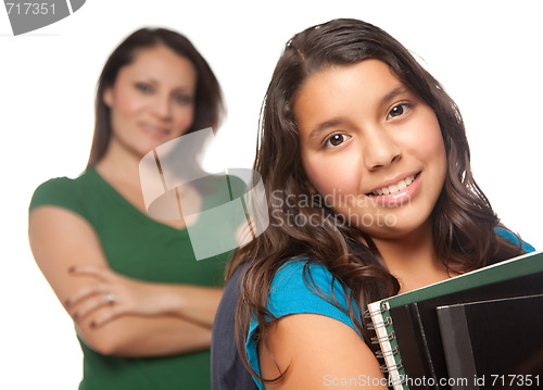 Image of Hispanic Mother and Daughter Ready for School