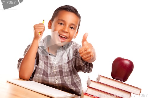 Image of Adorable Hispanic Boy with Books, Apple, Pencil and Paper