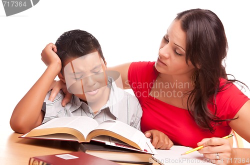 Image of Attractive Hispanic Mother and Son Studying