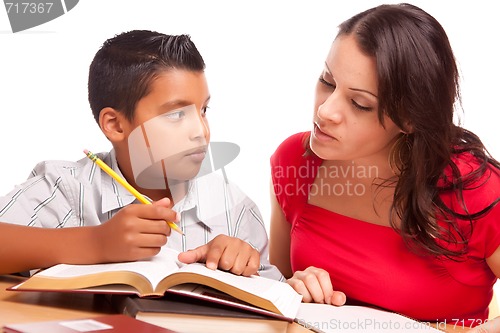Image of Attractive Hispanic Mother and Son Studying