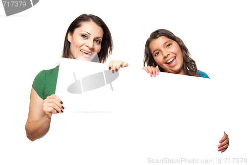 Image of Pretty Hispanic Girl and Mother Holding Blank Board