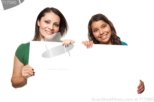 Image of Pretty Hispanic Girl and Mother Holding Blank Board