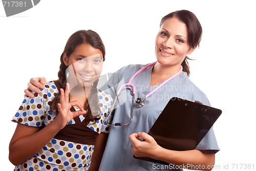 Image of Pretty Hispanic Girl and Female Doctor Isolated