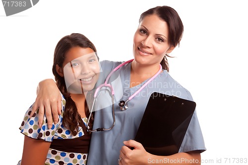 Image of Pretty Hispanic Girl and Female Doctor Isolated