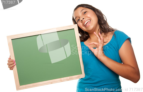 Image of Pretty Hispanic Girl Holding Blank Chalkboard