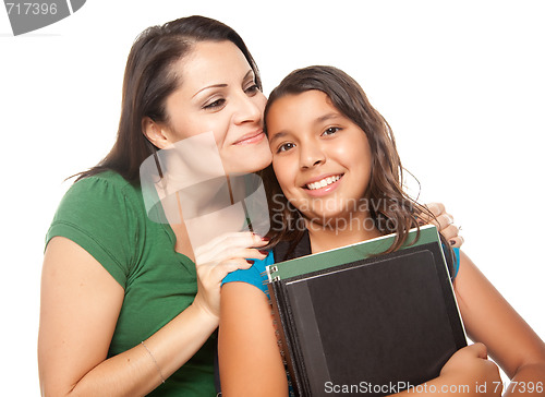 Image of Proud Hispanic Mother and Daughter Ready for School