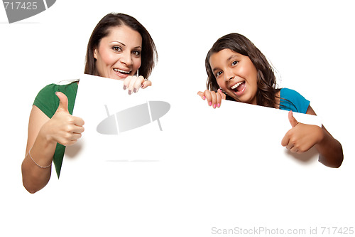 Image of Pretty Hispanic Girl and Mother Holding Blank Board