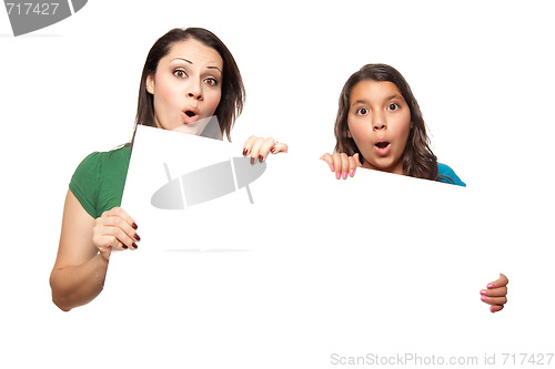 Image of Pretty Hispanic Girl and Mother Holding Blank Board