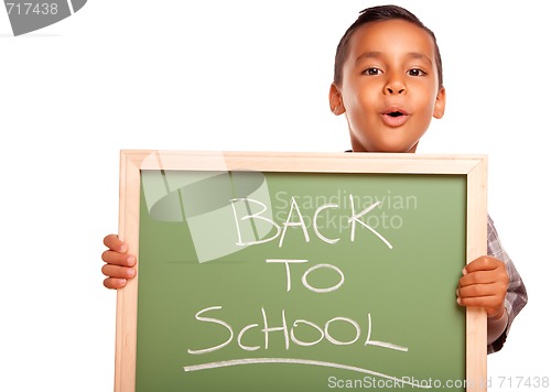 Image of Cute Hispanic Boy Holding Chalkboard with Back to School