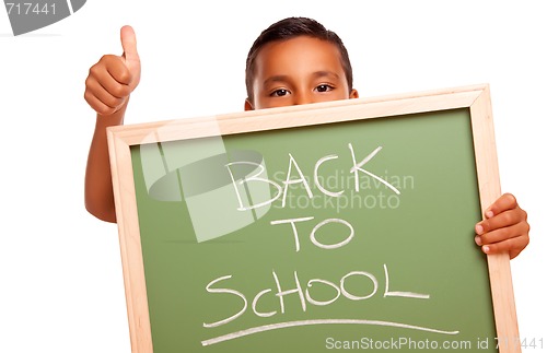 Image of Cute Hispanic Boy Holding Chalkboard with Back to School