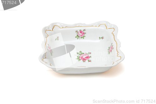 Image of Square white porcelain dish with roses isolated