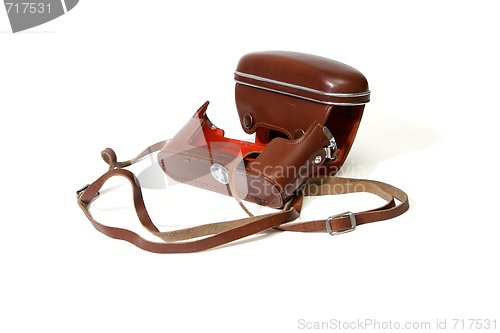 Image of Empty red leather case of vintage photo camera  isolated