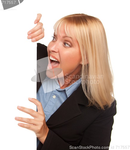 Image of Attractive Blonde Holding Blank White Sign Edge