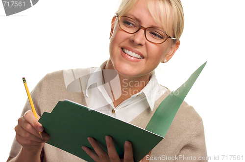 Image of Beautiful Woman with Pencil and Folder 