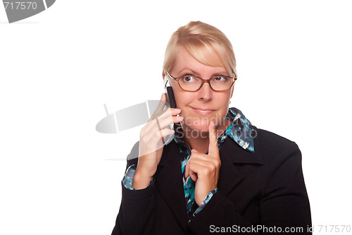 Image of Intrigued Blonde Woman Using Phone