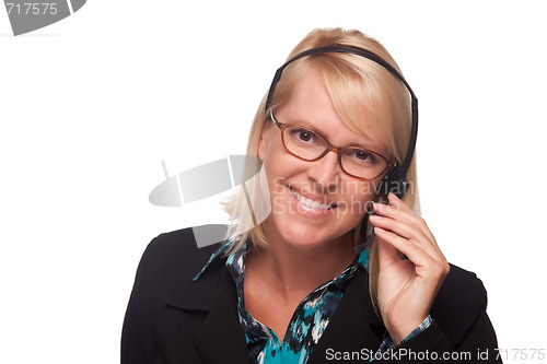 Image of Beautiful Blonde Customer Support Woman with Headset